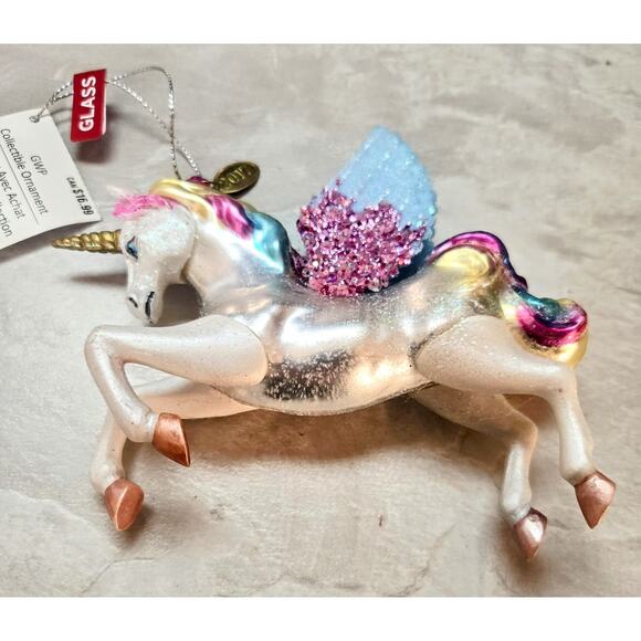 Sparkly Rainbow Unicorn Blown Glass Christmas Ornament Holiday Keepsake 2017 - Picture 2 of 8